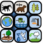 a collage of 10 different open source tool icons, surrounded by various environmental elements like trees, water, and animals.