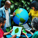 a diverse group of people accessing environmental data on their devices, with a globe and green leaves in the background.