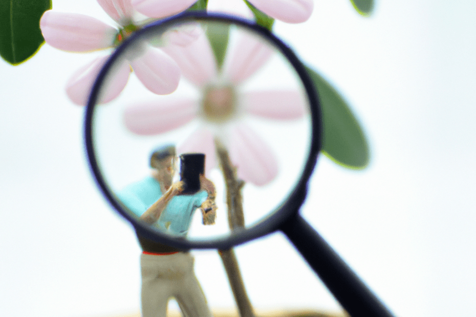 a magnifying glass looks at a figure holding a smartphone taking a picture of a plant.