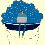 a person on a boat with a laptop where the laptop is connected to a cloud overhead.