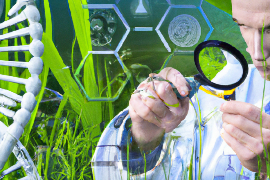a scientist examining a dna helix with a magnifying glass, while binary code and ecological icons surround the scene.