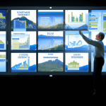 a scientist analyzing a large environmental dataset on a computer screen with various graphs and version control icons.